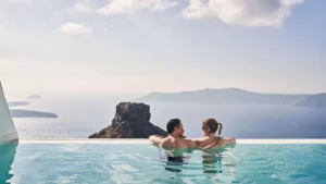 Skaros Rock View from Infinity Pool at Astra Suites in Santorini