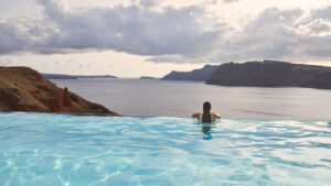 Sweeping Sea Views from the Infinity Pool at Charisma Suites Hotel in Oia Santorini